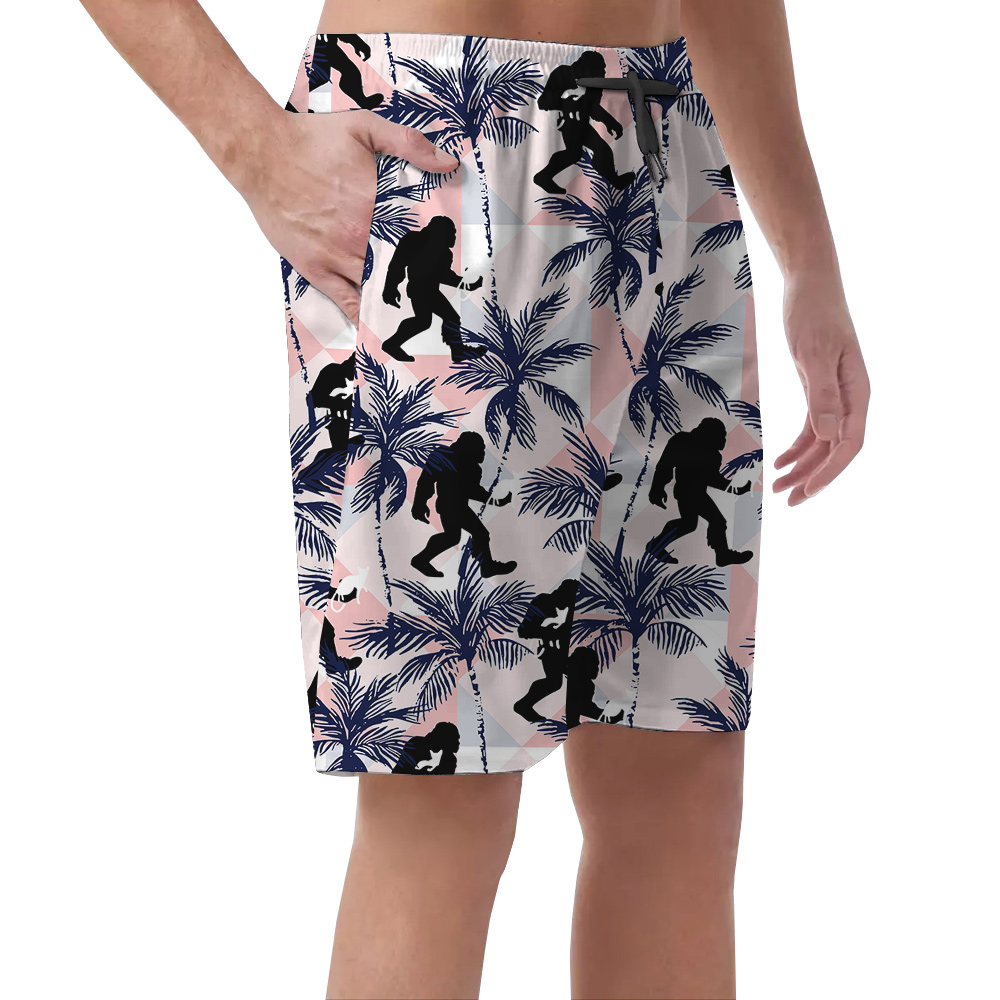Tropical Sasquatch And Cat Pink Hawaiian Beach Shorts For Men