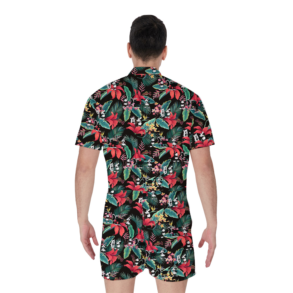 Cute Mickey Steamboat Willie Tropical Hibiscus Men's Hawaiian Romper