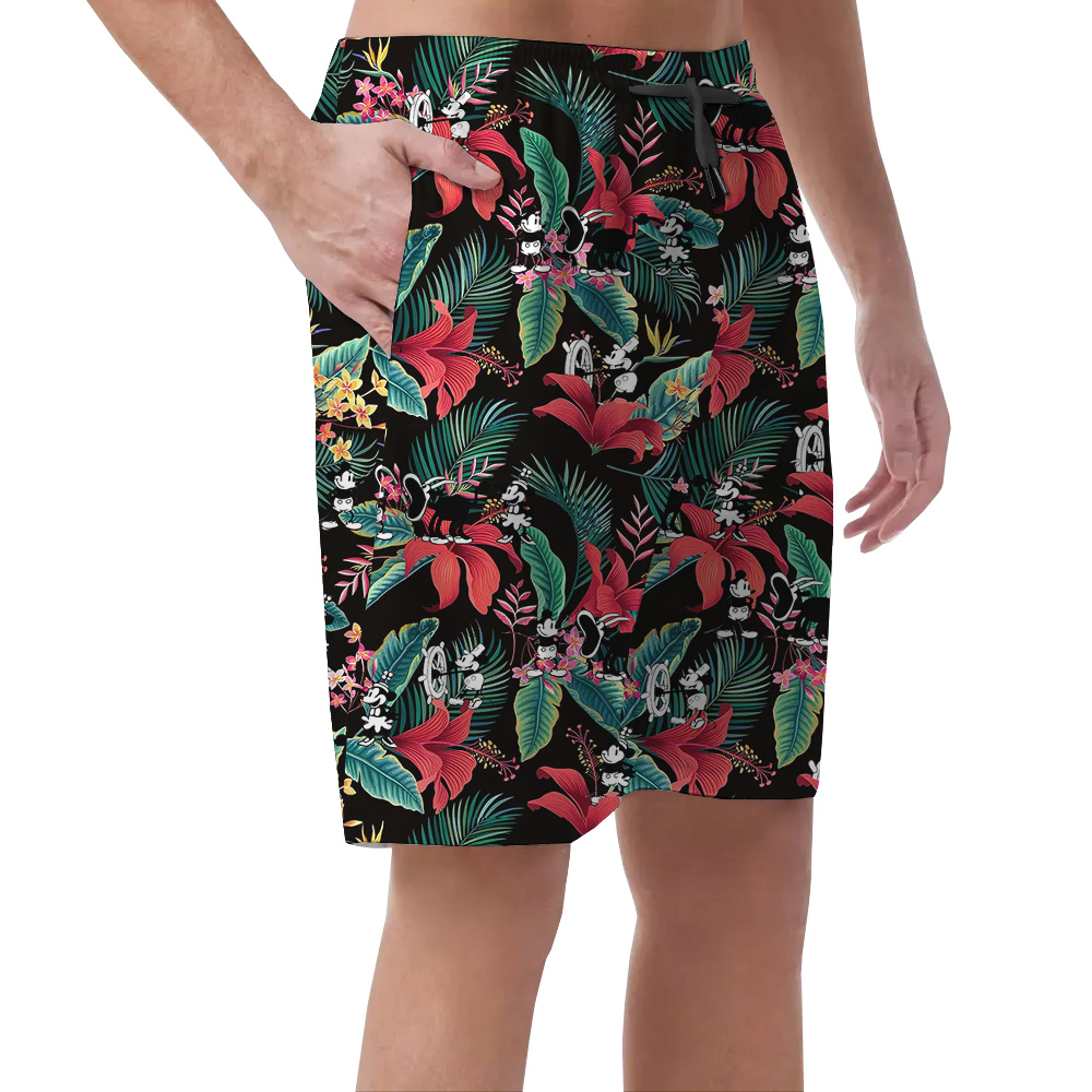 Cute Mickey Steamboat Willie Movie Tropical Hibiscus Hawaiian Beach Shorts For Men