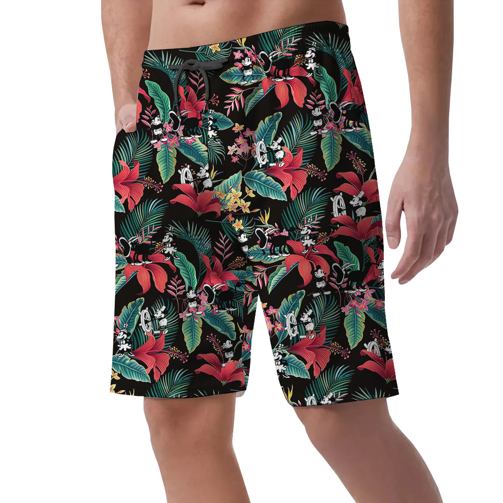 Cute Mickey Steamboat Willie Movie Tropical Hibiscus Hawaiian Beach Shorts For Men