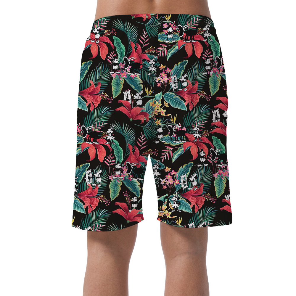 Cute Mickey Steamboat Willie Movie Tropical Hibiscus Hawaiian Beach Shorts For Men