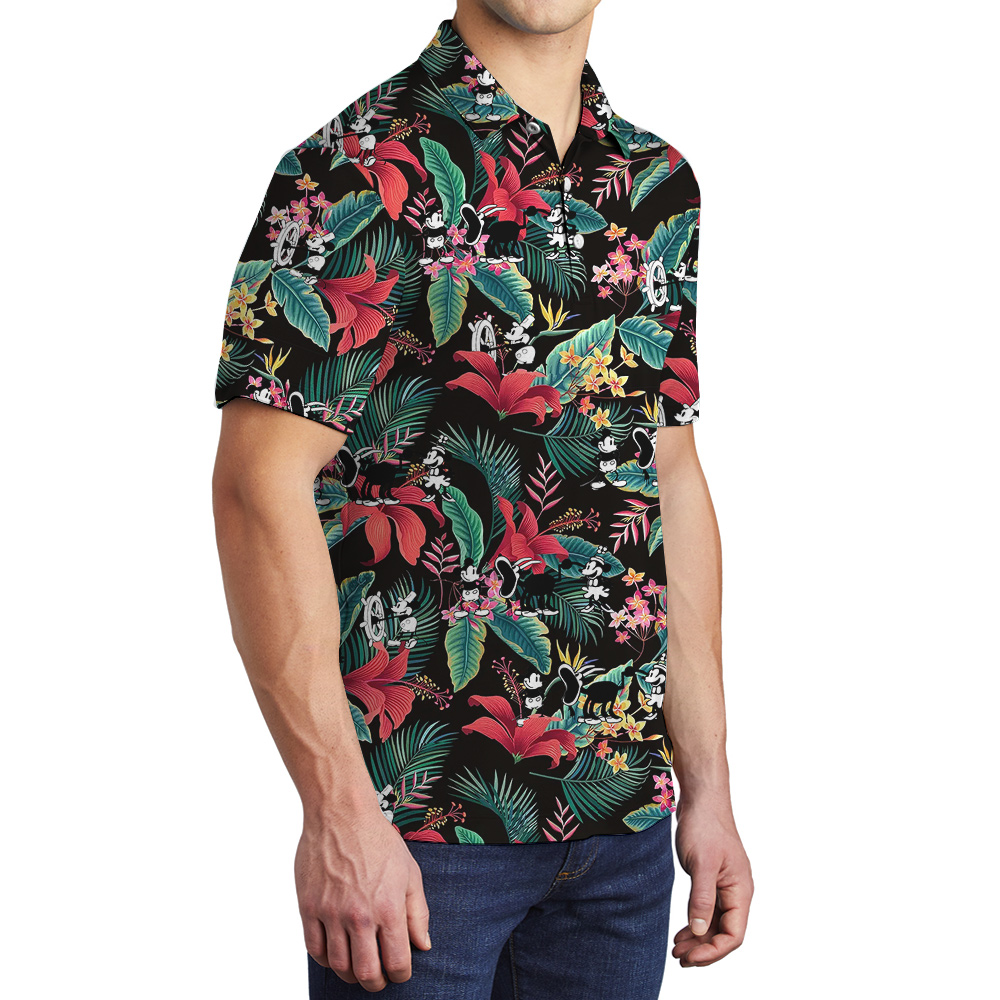 Tropical Hibiscus Steamboat Willie Movie Mickey Hawaiian Polo Shirt