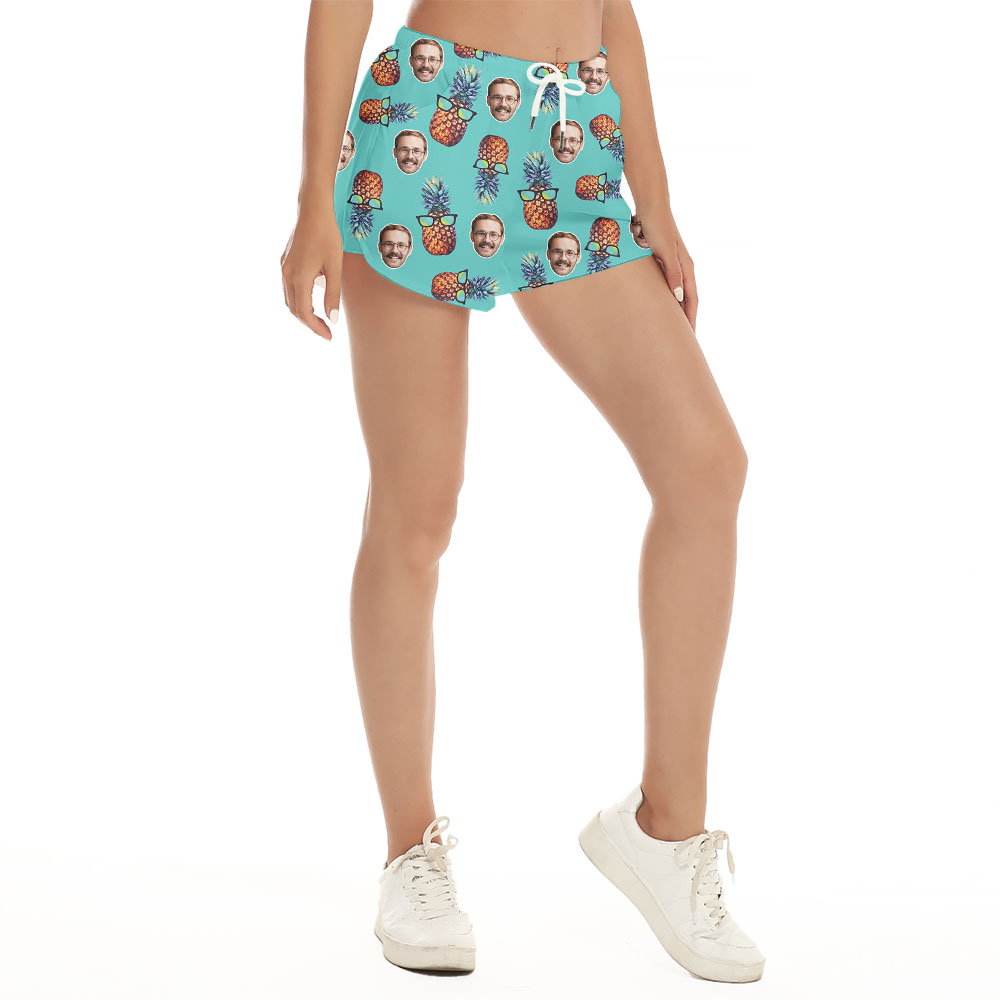 Unique Custom Face Blue Beach Shorts With Pineapple