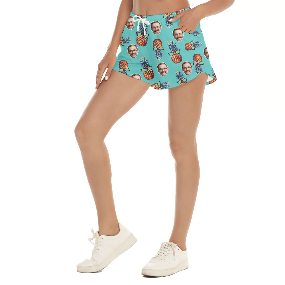 Unique Custom Face Blue Beach Shorts With Pineapple