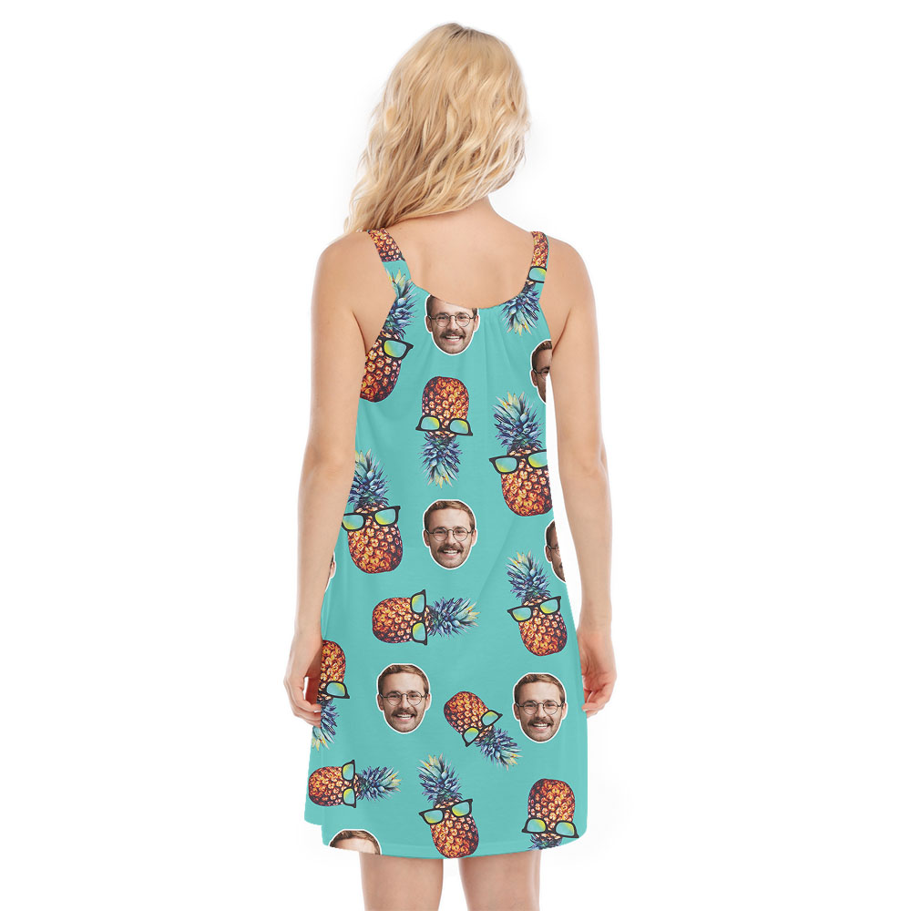 Custom Face Blue Women's Dress Pineapple With Glasses