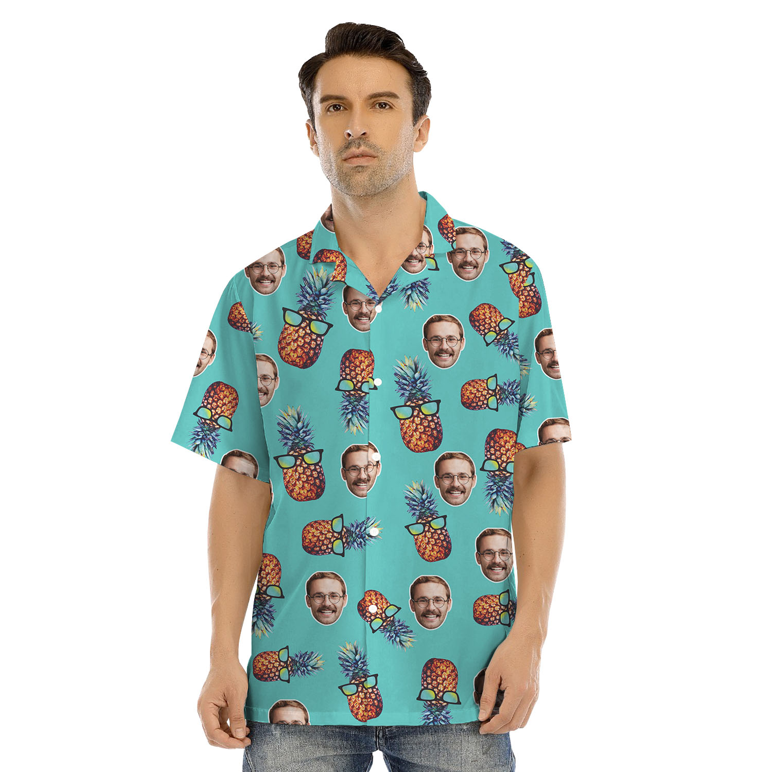 Funny Custom Face Blue Matching Hawaiian Shirt With Pineapple Print