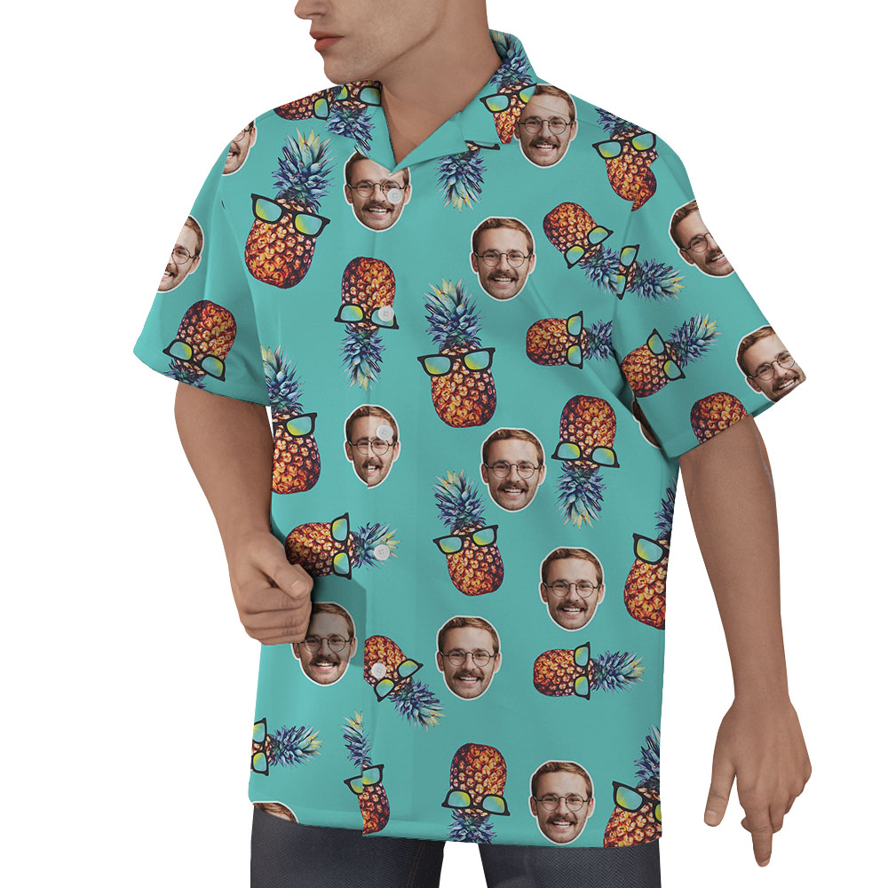 Blue Short Sleeve Pineapple Hawaiian Shirt With Custom Face