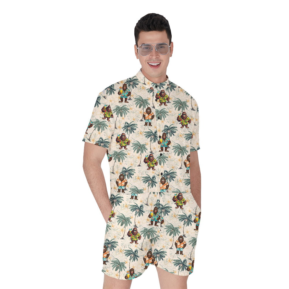 Funny Bigfoot Vacation Tropical Palm Tree Hawaiian Romper For Men - variant image 1