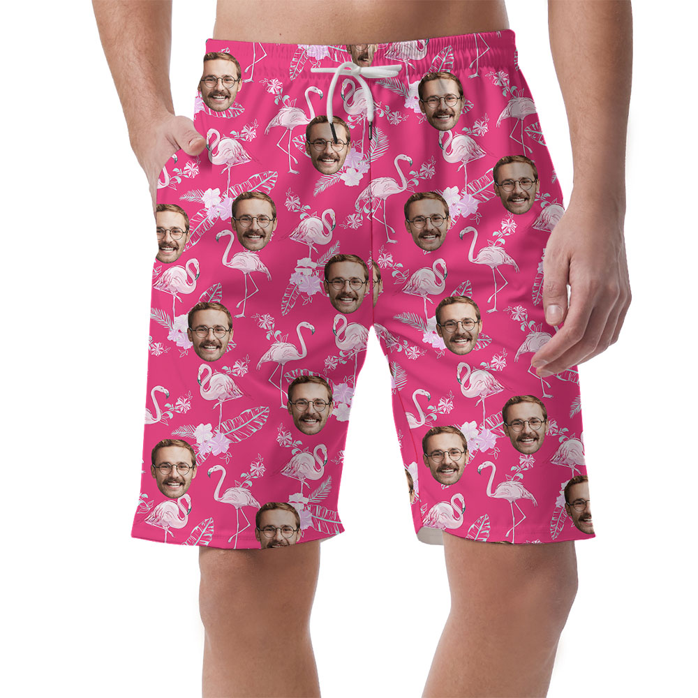 Cool Custom Face Pink Hawaiian Men's Shorts With Flamingo Print - variant image 1