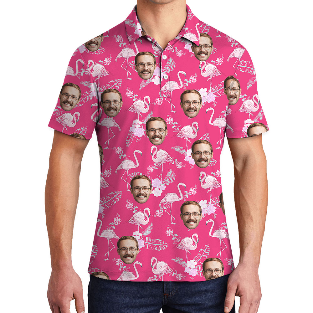 Pink Flamingo Men's Hawaiian Polo Shirt With Faces - variant image 1