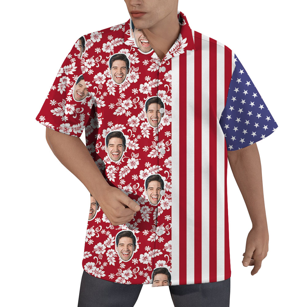 White Red Blue Custom Face Striped Hawaiian Shirt - variant image 1