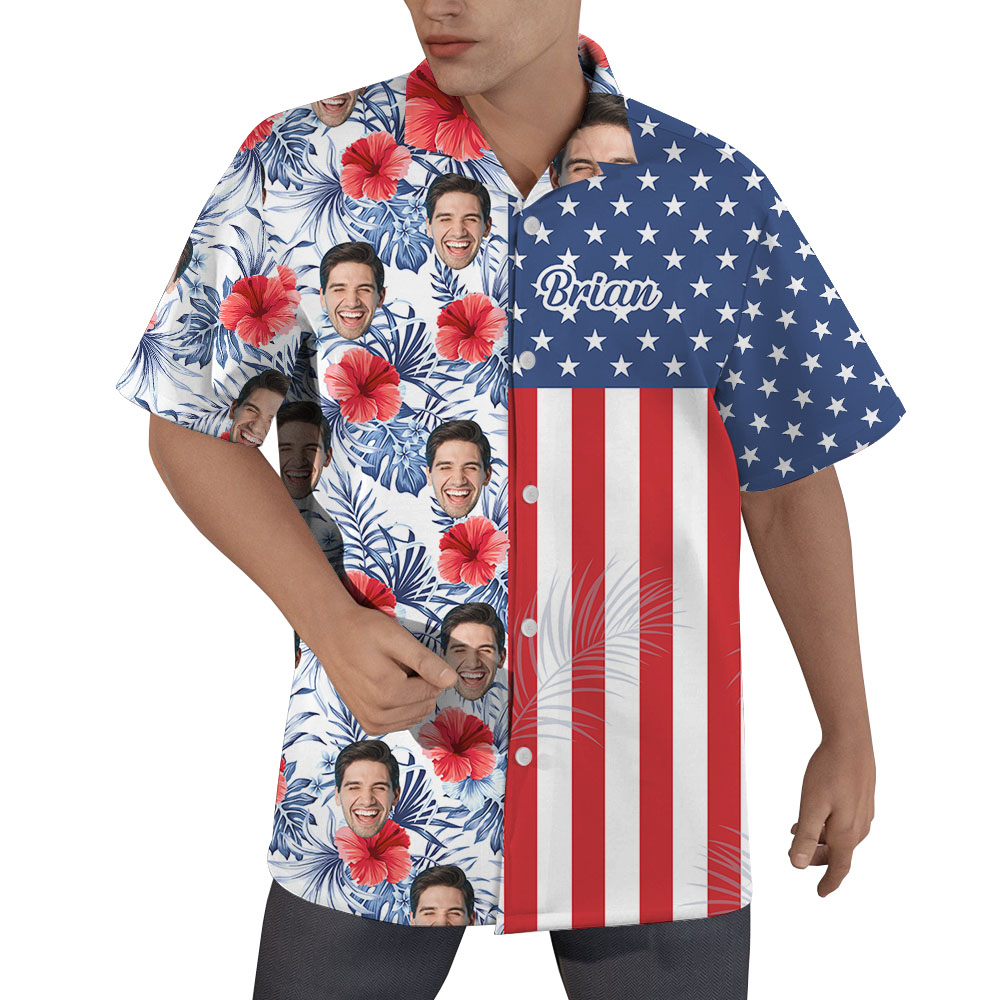 Fourth Of July Color Block Hawaiian Shirt With Custom Face And Name - variant image 1