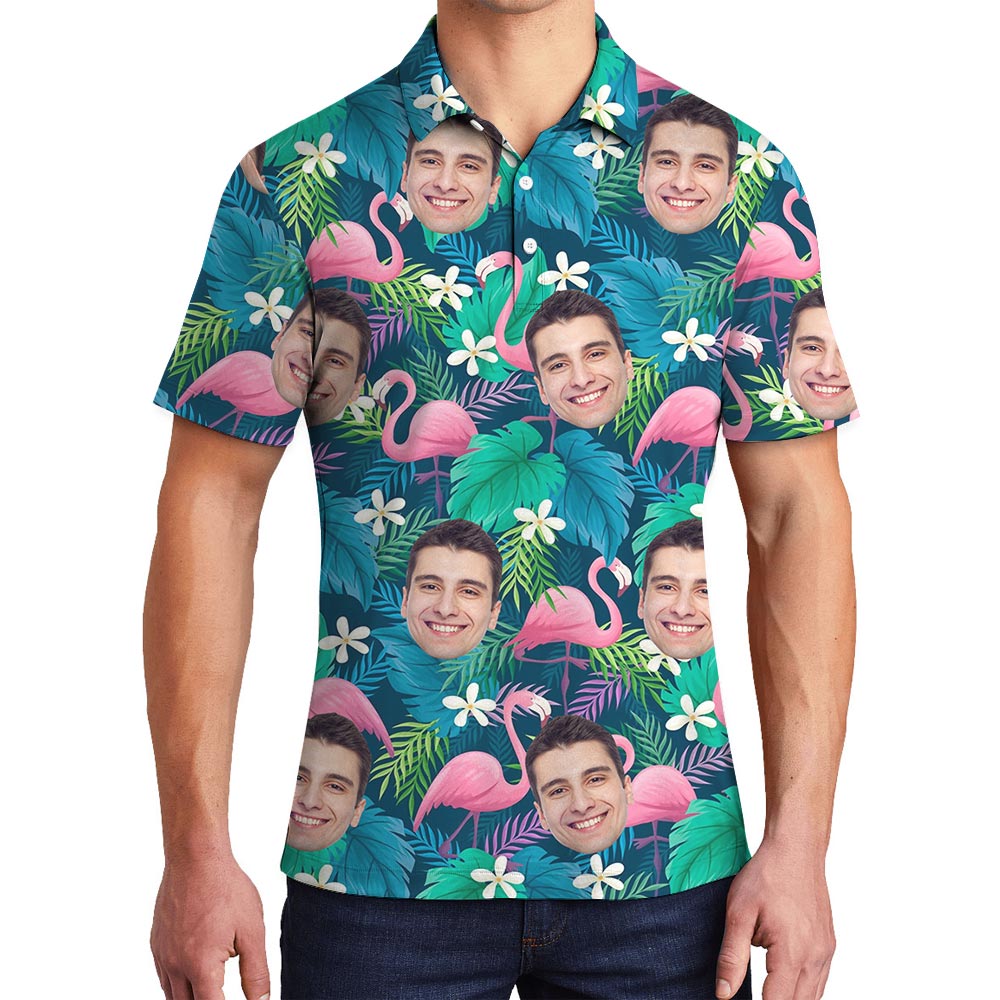 Custom Face Flamingo Aloha Polo Shirt For Men - variant image 1