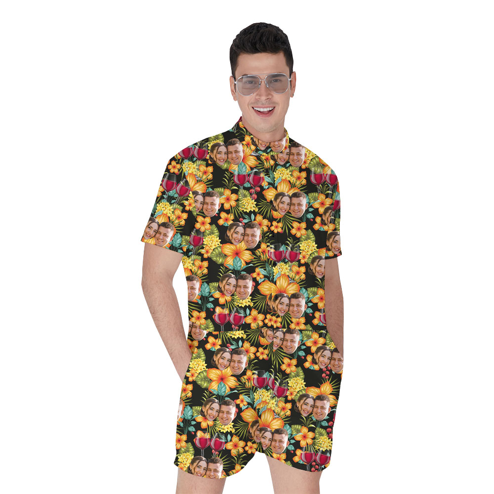 Custom Face Men's Hawaiian Romper With Wine Print - variant image 1