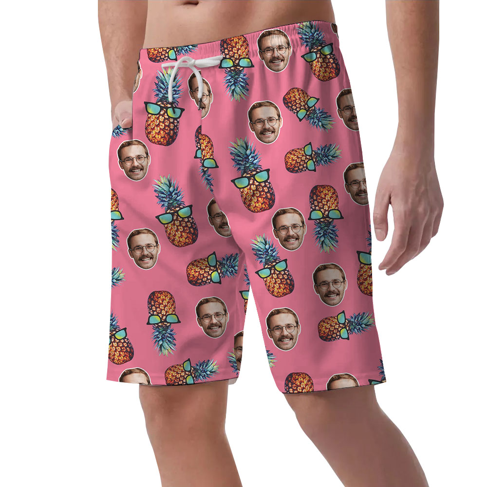 Custom Face Pink Men's Hawaiian Shorts With Pineapple Print
