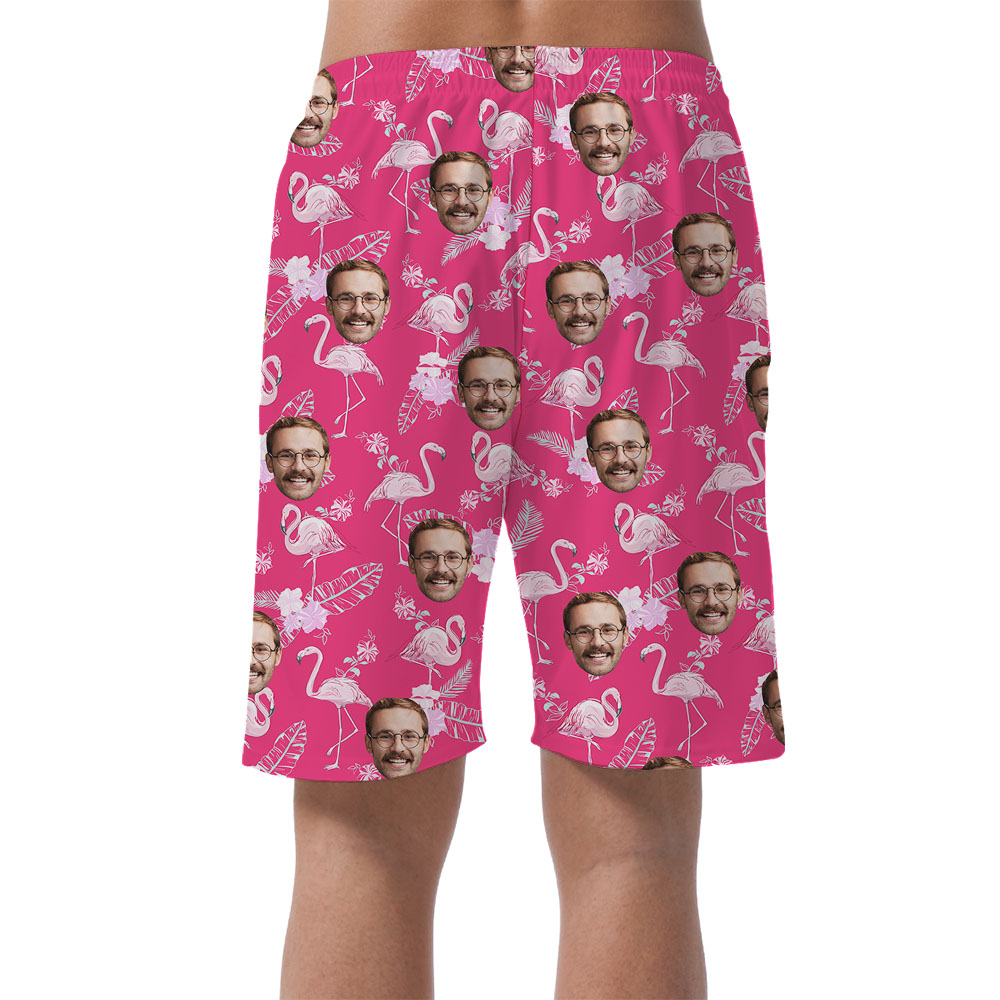 Cool Custom Face Pink Hawaiian Men's Shorts With Flamingo Print