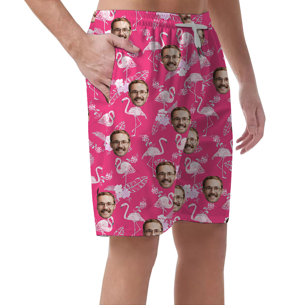 Cool Custom Face Pink Hawaiian Men's Shorts With Flamingo Print