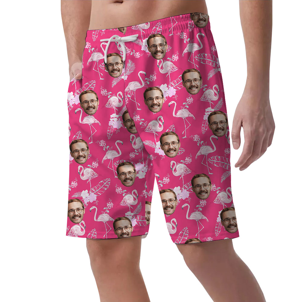 Cool Custom Face Pink Hawaiian Men's Shorts With Flamingo Print
