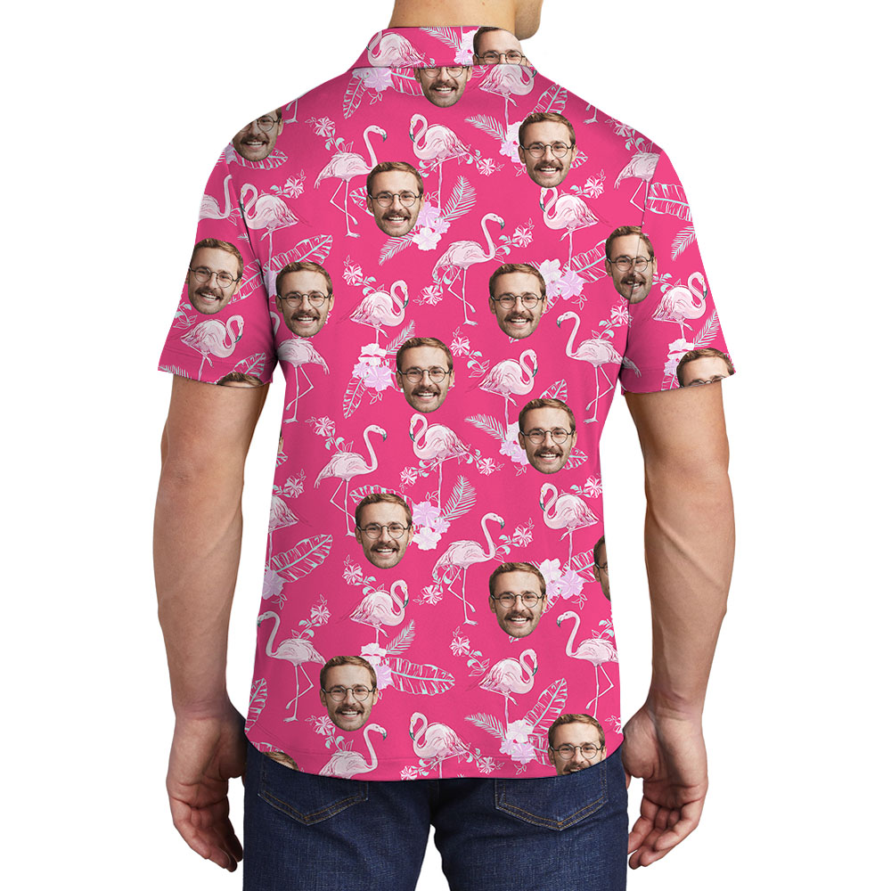 Pink Flamingo Men's Hawaiian Polo Shirt With Faces