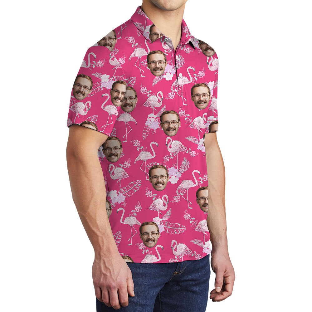 Pink Flamingo Men's Hawaiian Polo Shirt With Faces