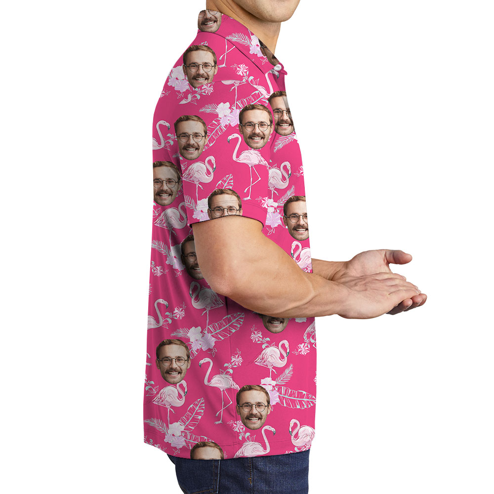 Pink Flamingo Men's Hawaiian Polo Shirt With Faces