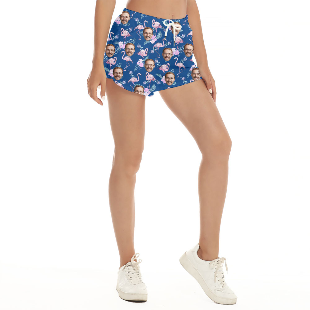Navy Flamingo Tropical Women's Shorts With Custom Face