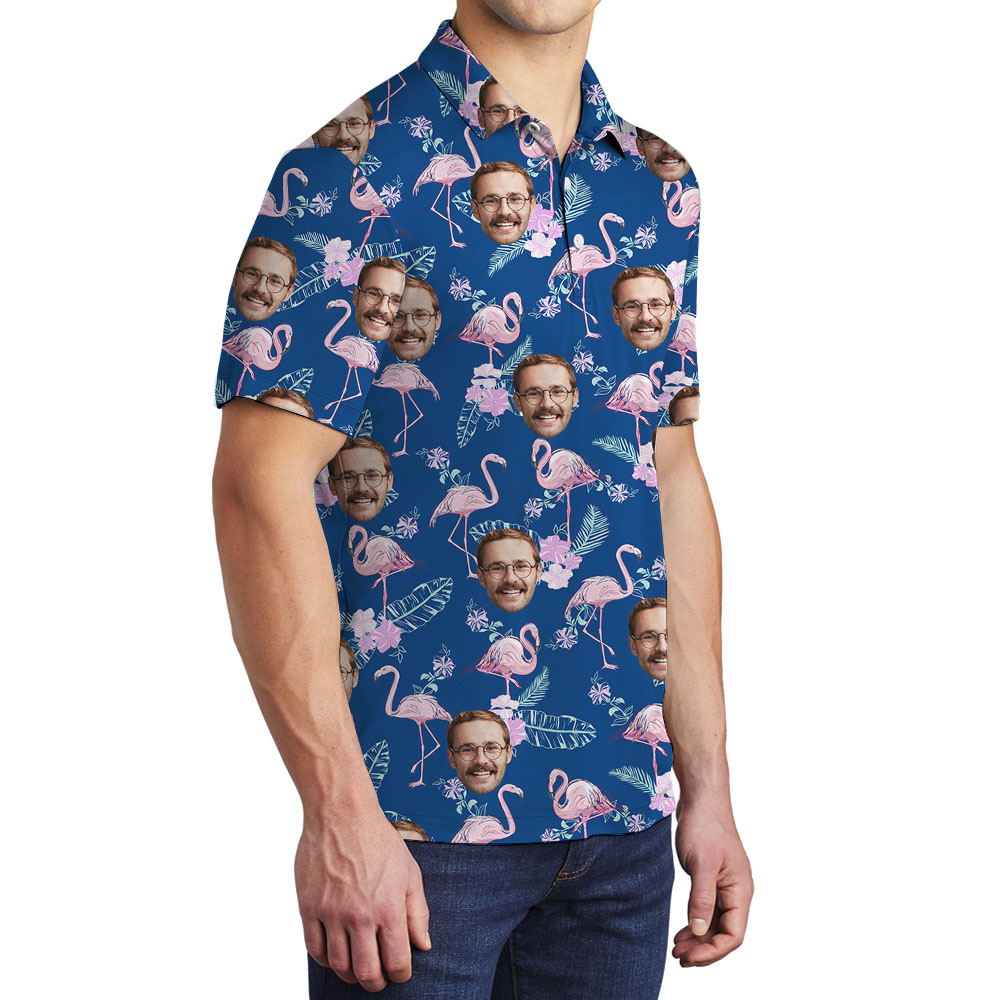 Cool Custom Face Men's Hawaiian Polos With Flamingo Print