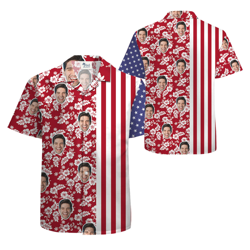 White Red Blue Custom Face Striped Hawaiian Shirt
