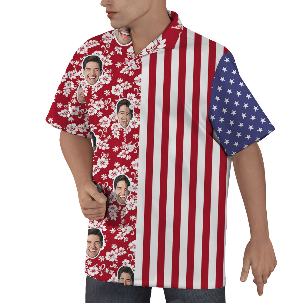 White Red Blue Custom Face Striped Hawaiian Shirt