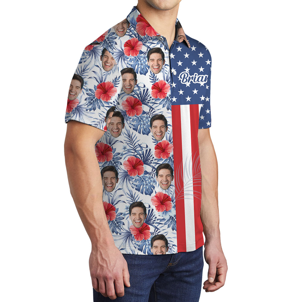 Custom Face And Name American Flag Men's Polos
