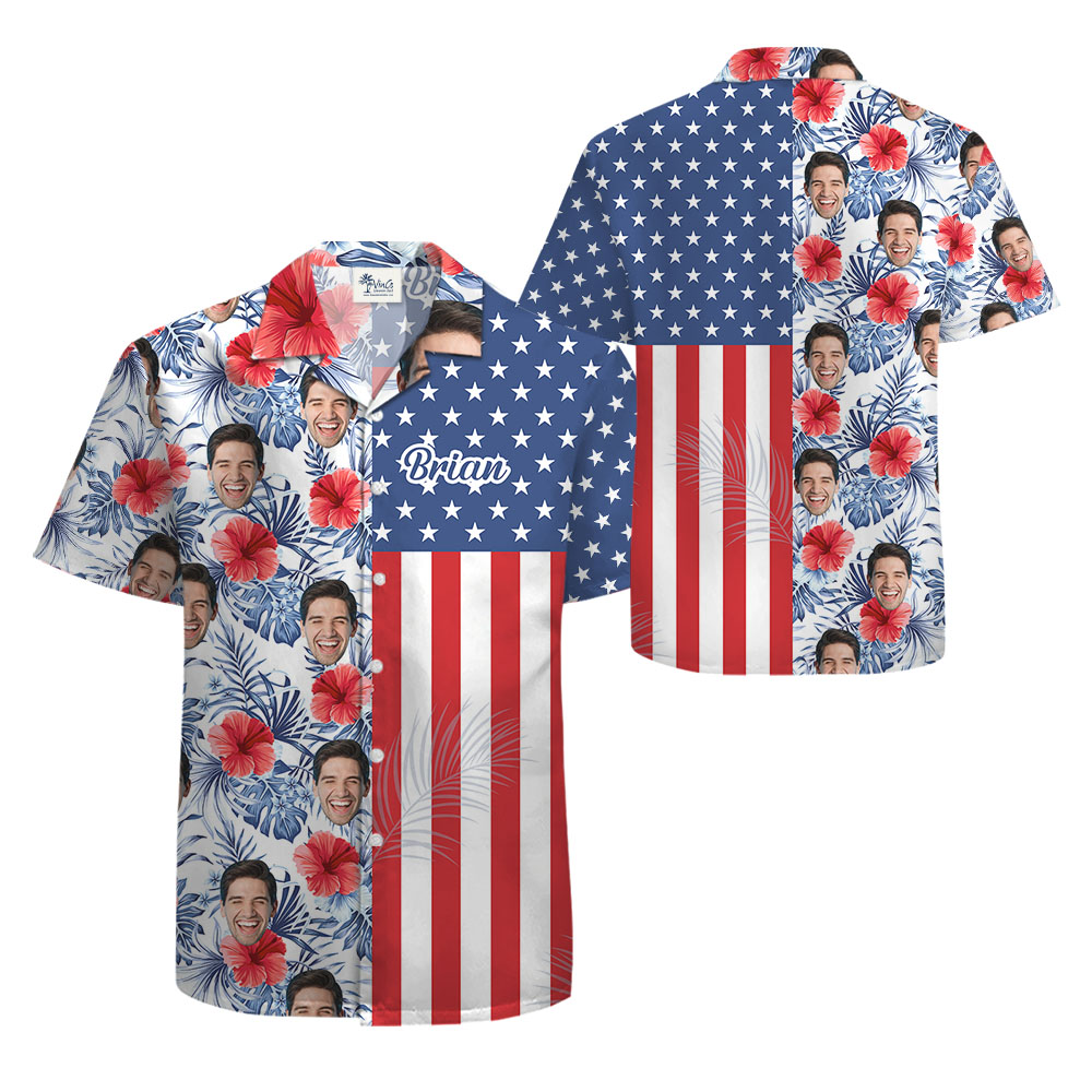 Fourth Of July Color Block Hawaiian Shirt With Custom Face And Name
