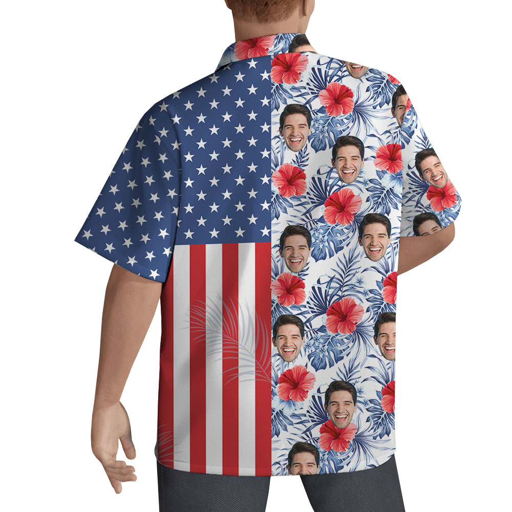 Fourth Of July Color Block Hawaiian Shirt With Custom Face And Name