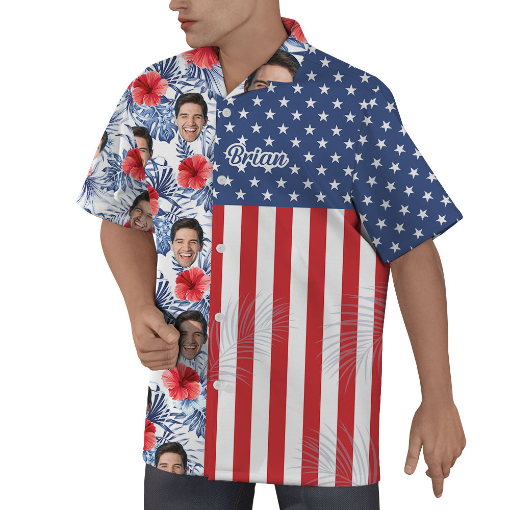 Fourth Of July Color Block Hawaiian Shirt With Custom Face And Name