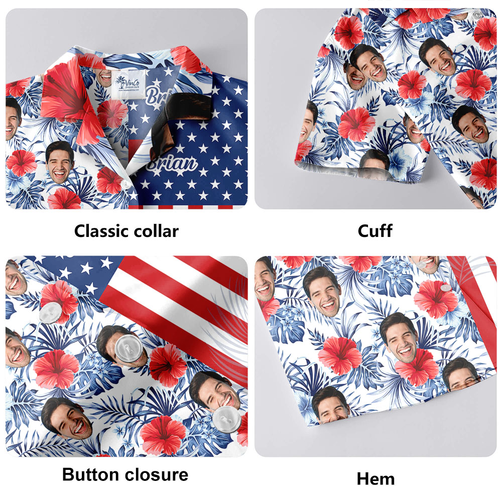 Fourth Of July Color Block Hawaiian Shirt With Custom Face And Name