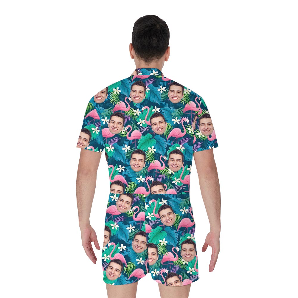 Custom Face Hawaiian Romper For Men Tropical Flamingo
