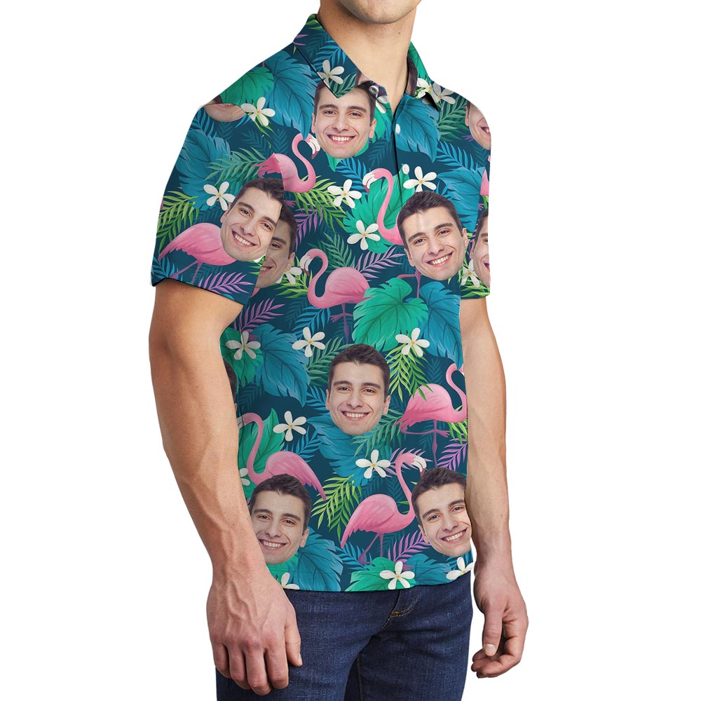 Custom Face Flamingo Aloha Polo Shirt For Men