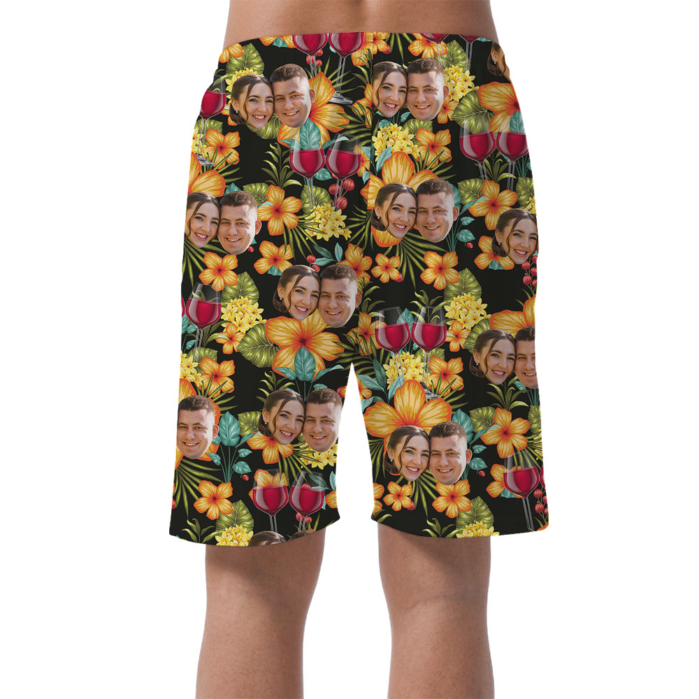 Custom Face Red Wine Beach Shorts With Couple Faces