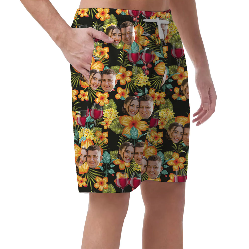 Custom Face Red Wine Beach Shorts With Couple Faces