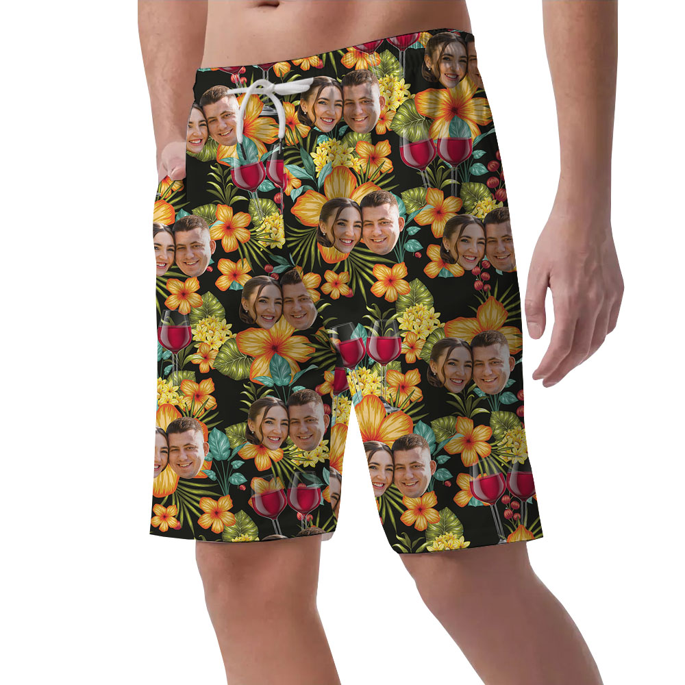 Custom Face Red Wine Beach Shorts With Couple Faces