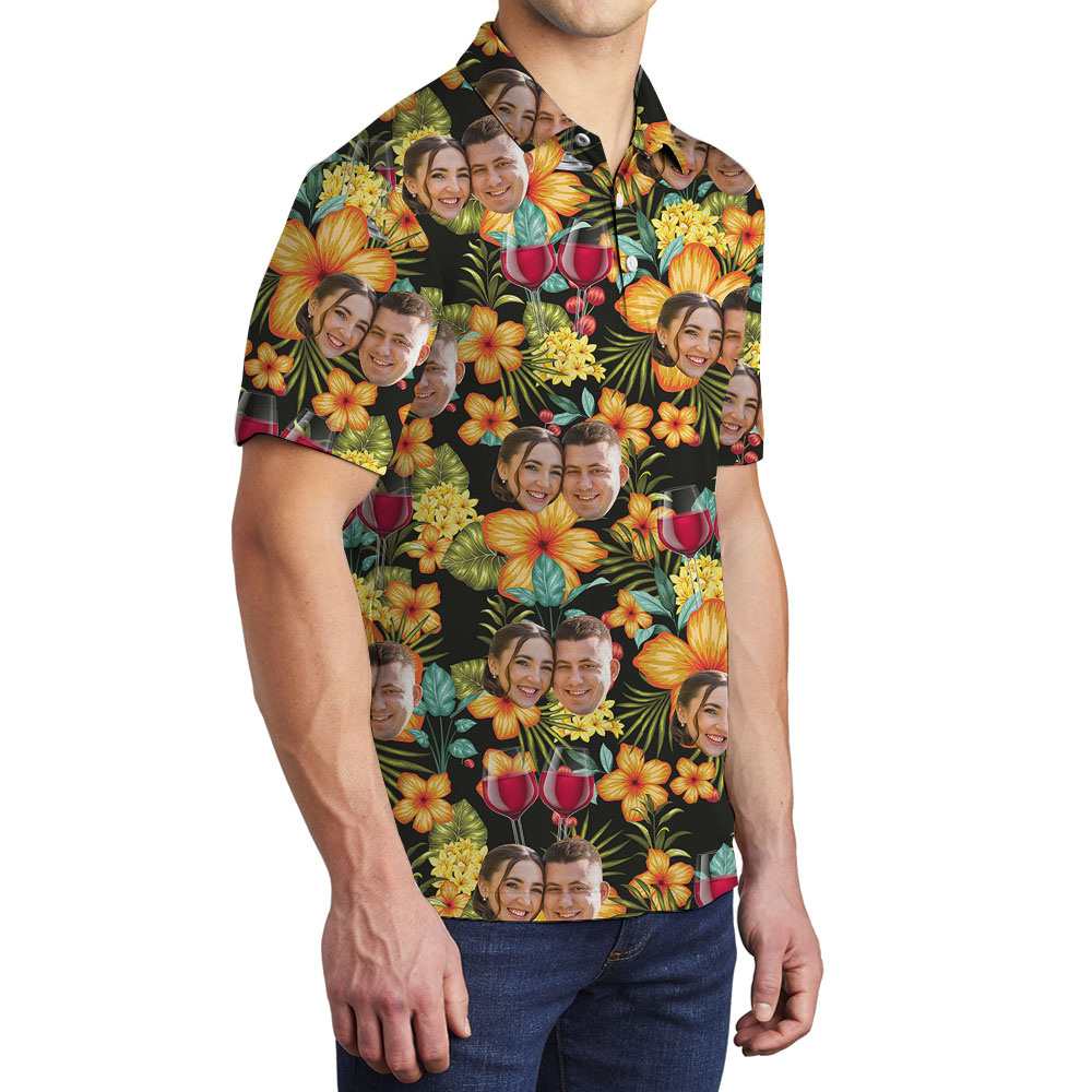 Red Wine Couple Faces Floral Polo Shirt
