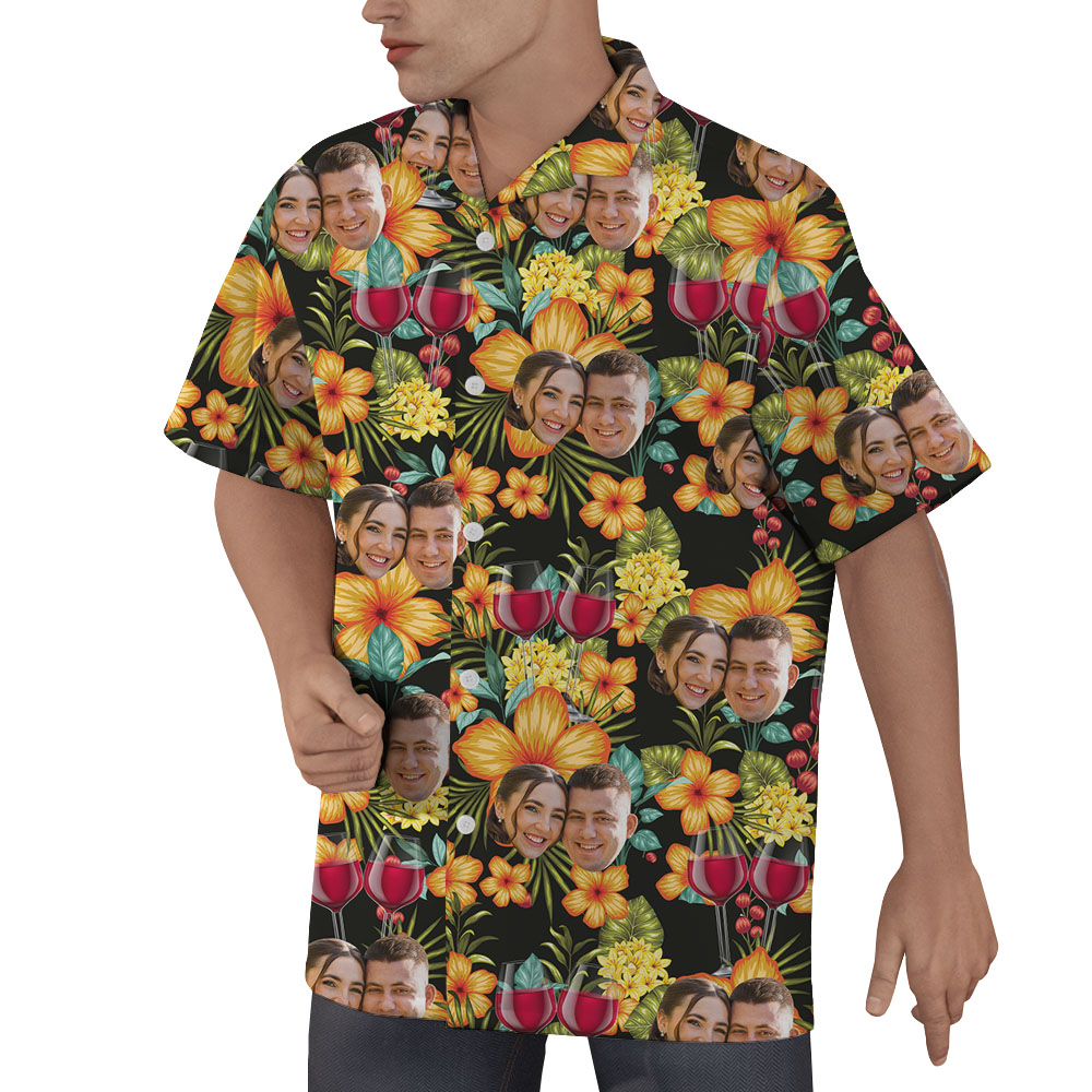 Custom Couple Face Wine Button Up Shirt