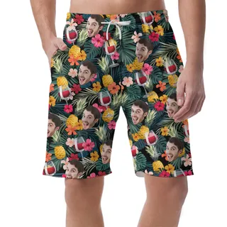 Red Wine Men's Beach Shorts With Multiple Faces