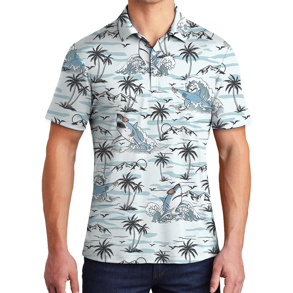 Blue Shark Hawaiian Polo Shirt For Men - variant image 1