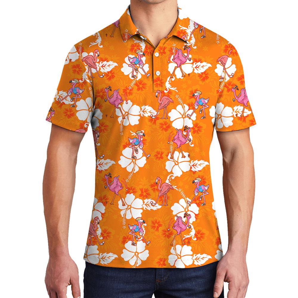 Orange Men's Golf Hawaiian Polo Shirt With Flamingo - variant image 1