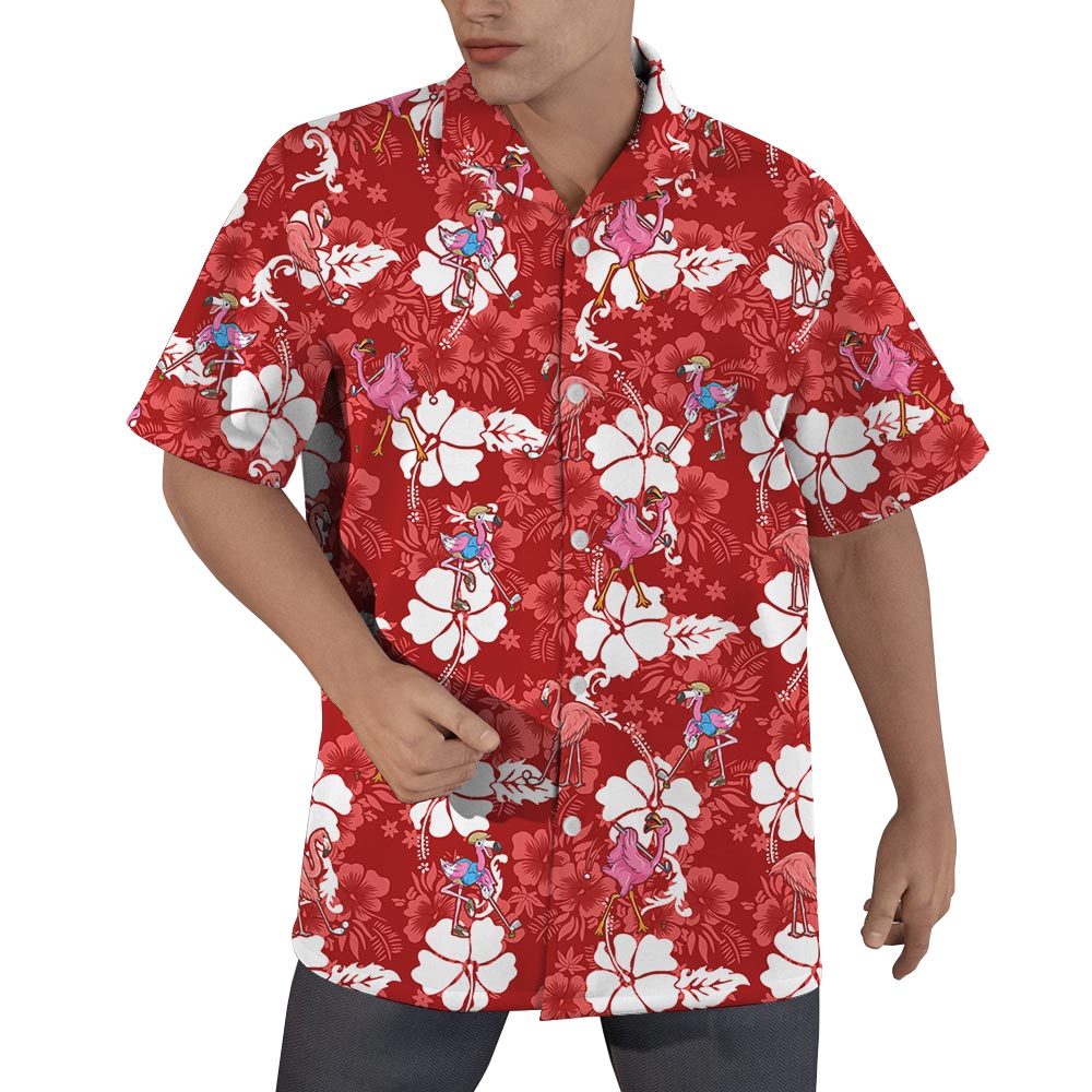 Men's Golf Flamingo Hawaiian Shirt Red Hibiscus - variant image 1
