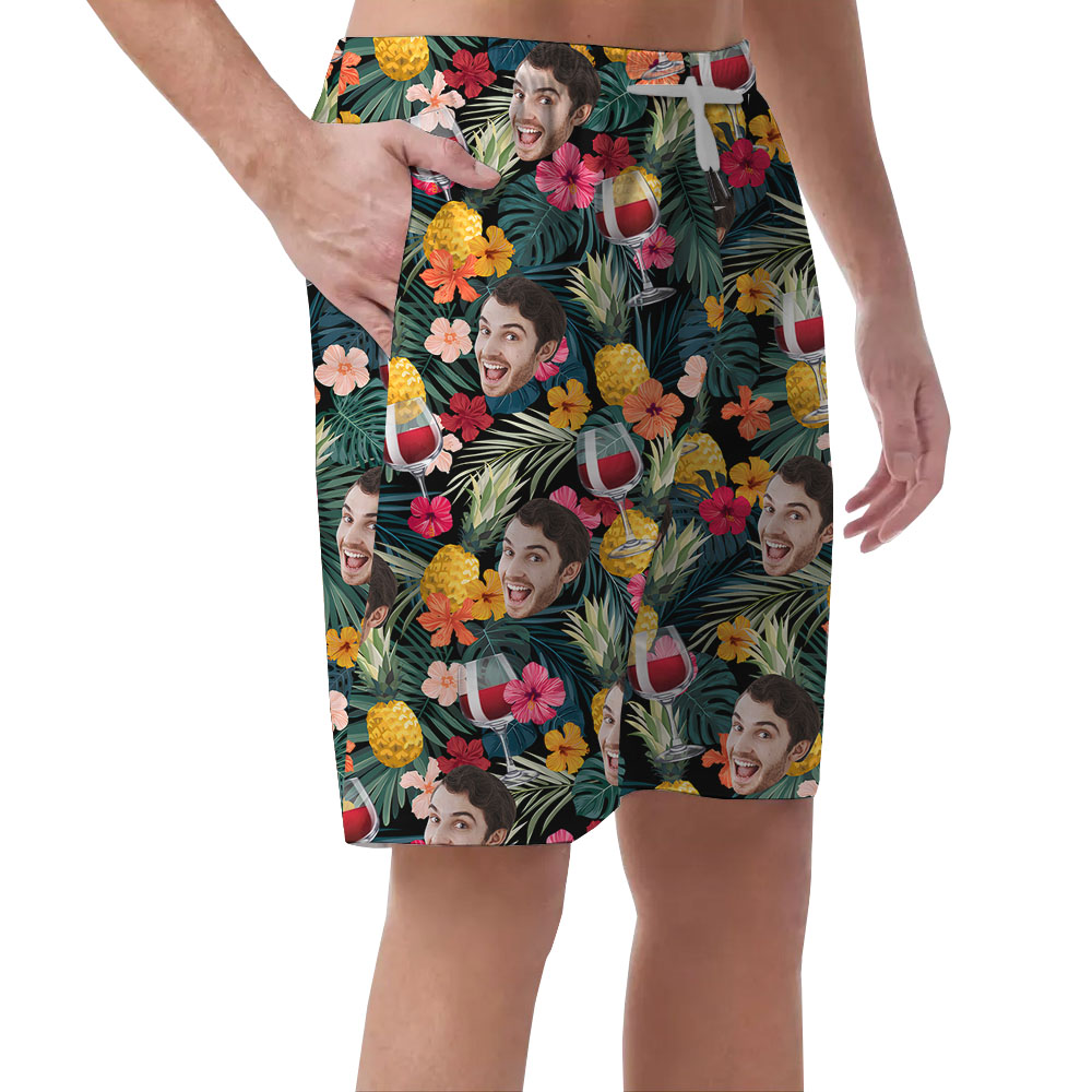 Red Wine Men's Beach Shorts With Multiple Faces
