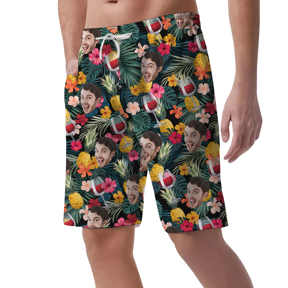 Red Wine Men's Beach Shorts With Multiple Faces