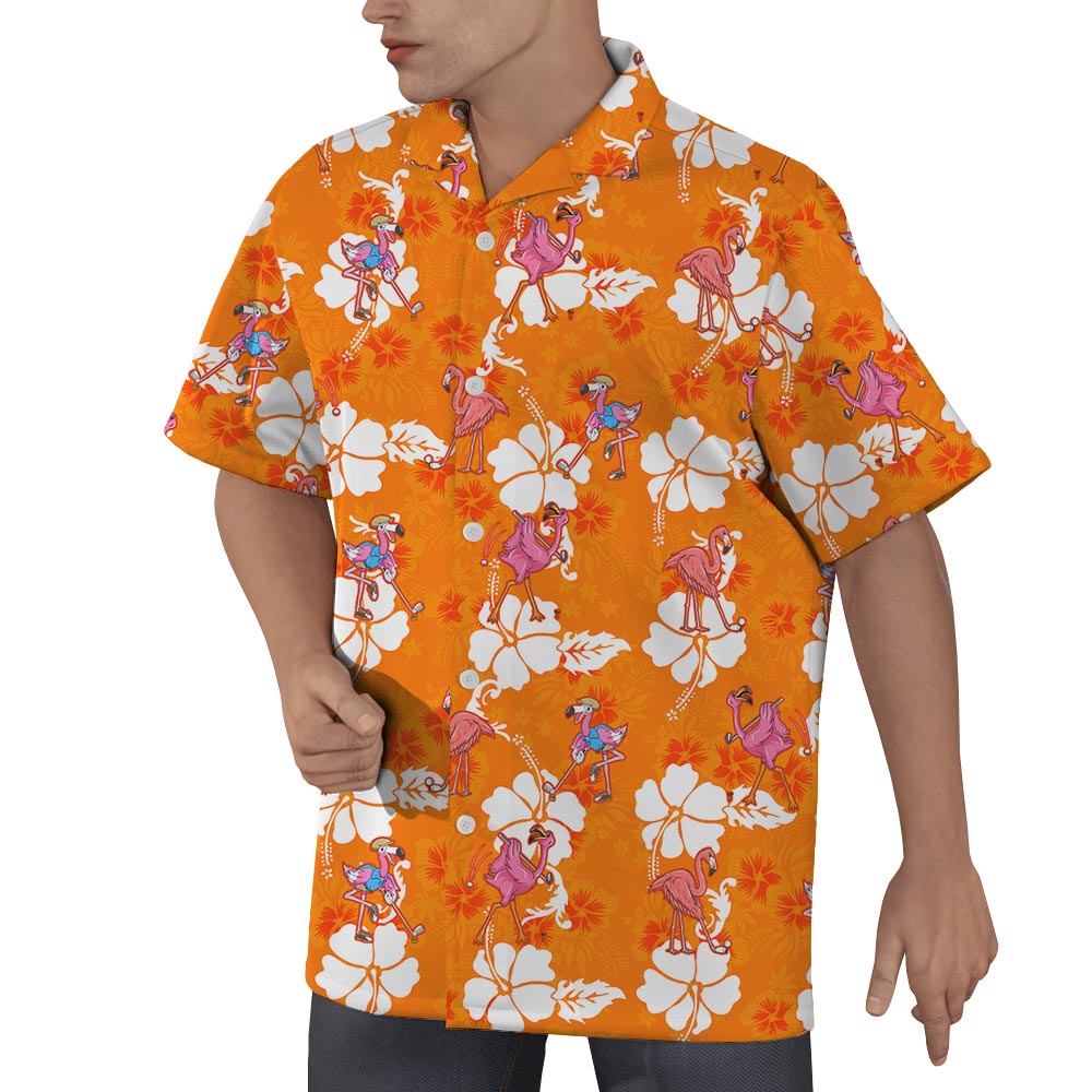 Men's Flamingo Hawaiian Shorts Golf And Orange Hibiscus