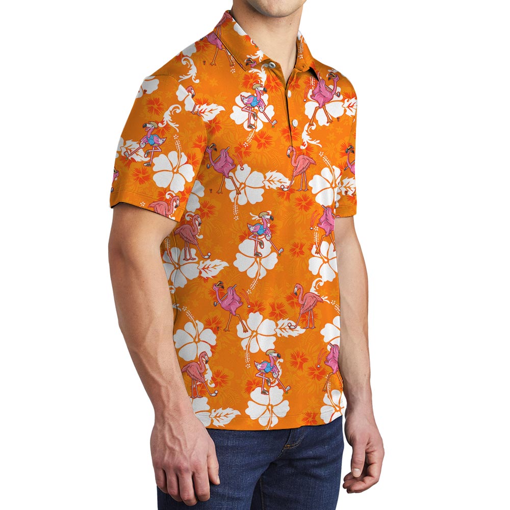Orange Men's Golf Hawaiian Polo Shirt With Flamingo
