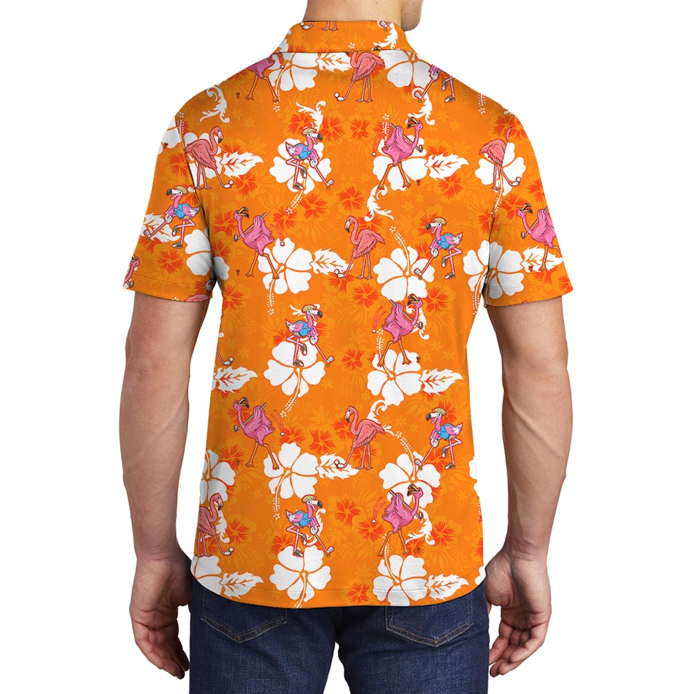 Orange Men's Golf Hawaiian Polo Shirt With Flamingo
